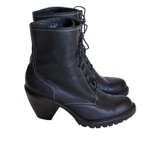Via Spiga Black‎  Pebbled and Smooth Leather Cone Heeled Combat Boots